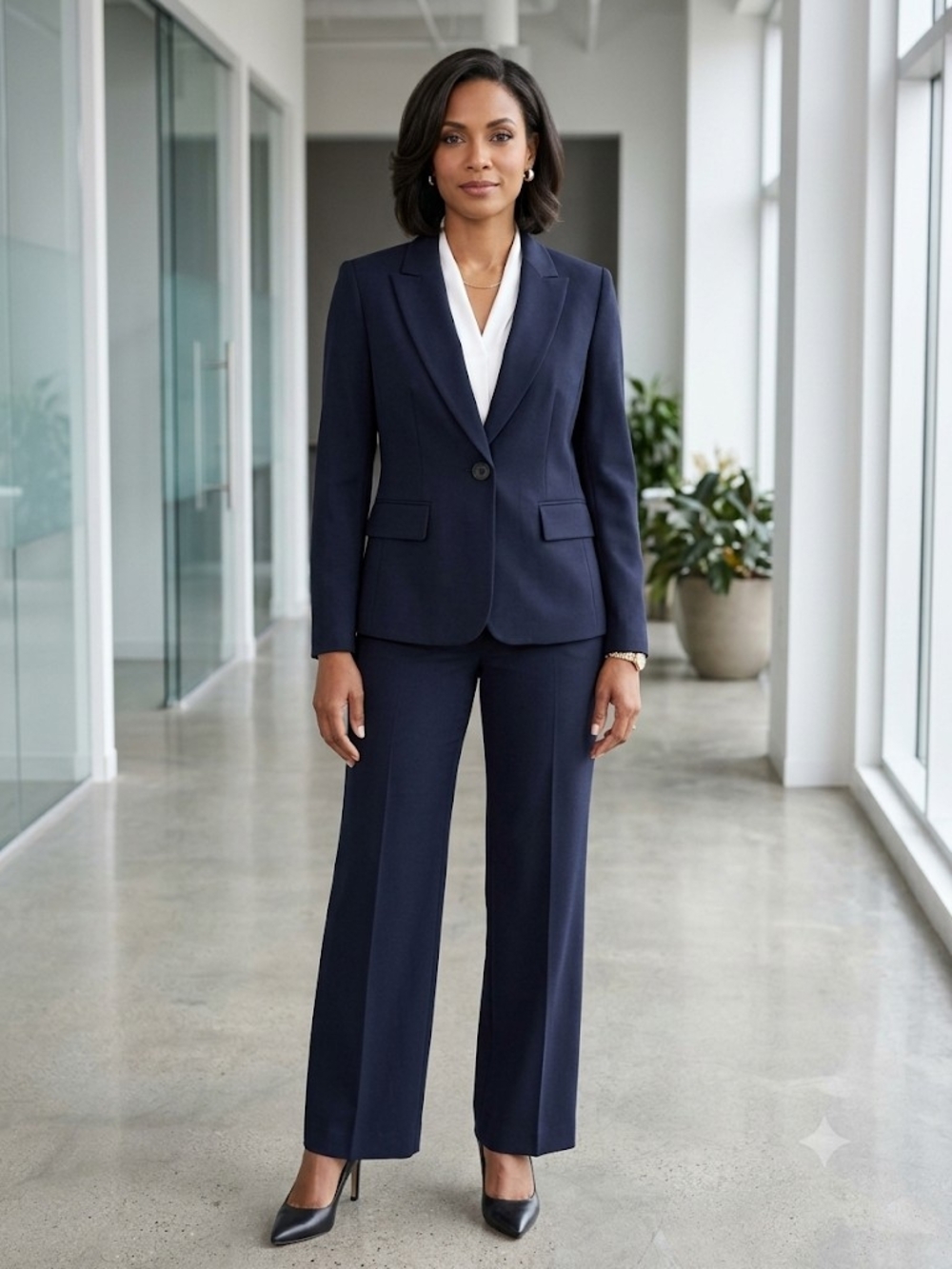 Kasper Navy Single-Button Blazer with Wide-Leg Pants